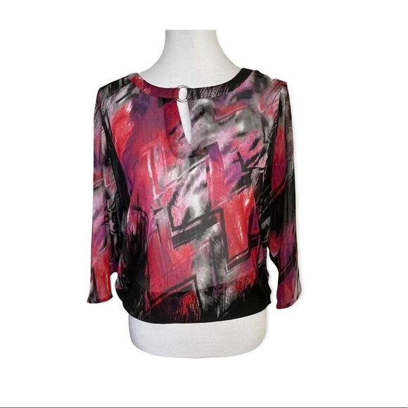 2 Biz Lightweight Printed Blouse Red Size Medium - Picture 7 of 7